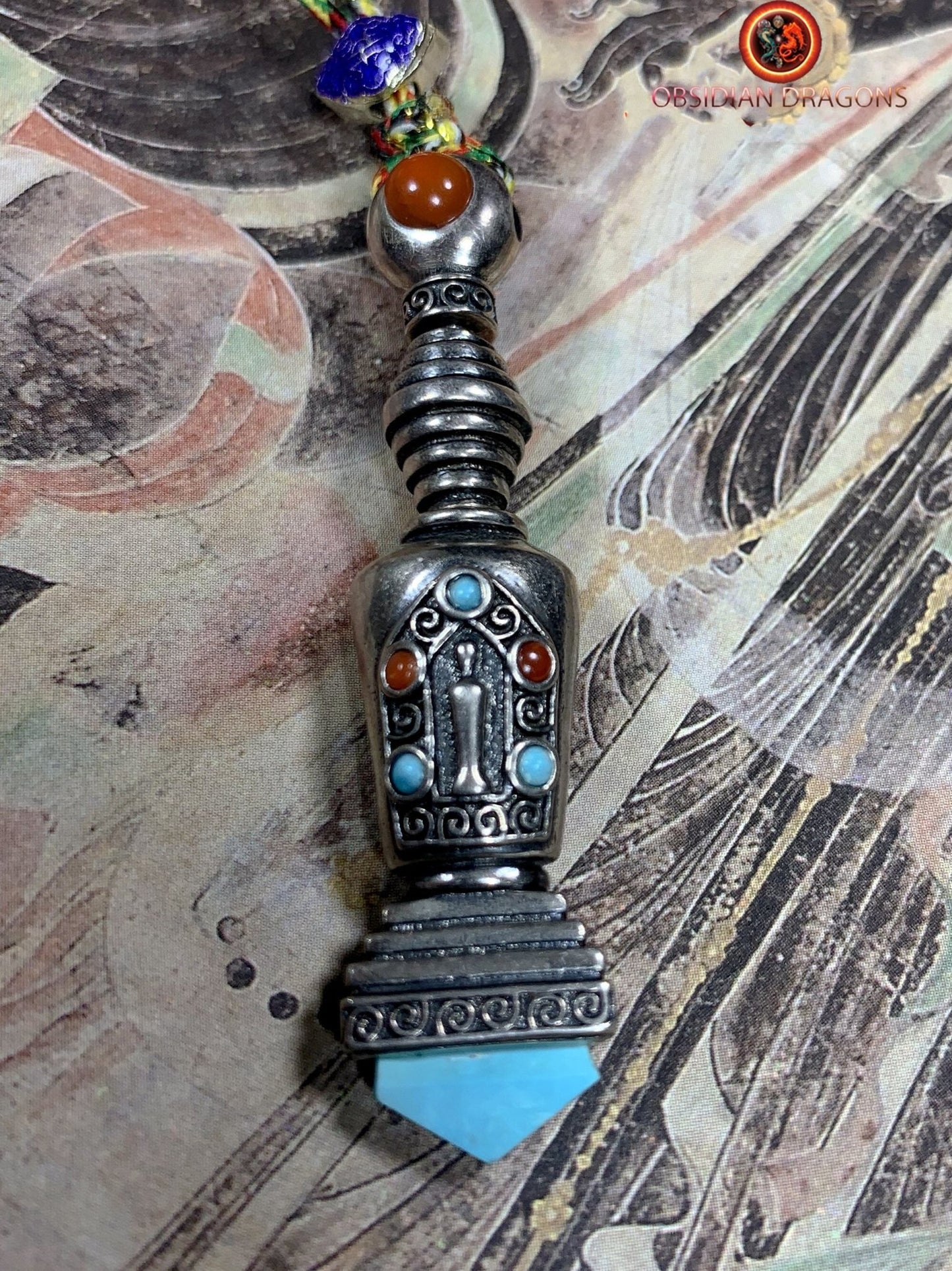 Mala, chapelet bouddhiste traditionnel tibétain. 108 perles de labradorite, argent 925. Prières et méditation - obsidian dragon