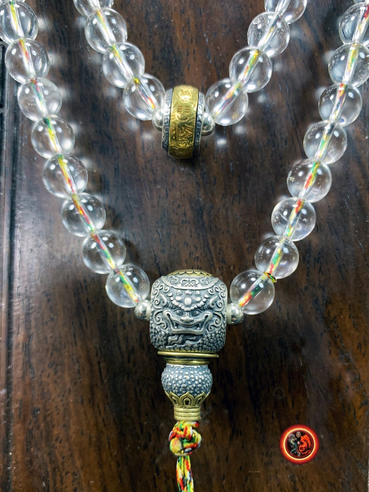 Mala, chapelet de prière et méditation bouddhiste. 108 perles de cristal de roche, citrine qualités gemmes. Ghau bouddha Amitabha, Guan Yin - obsidian dragon