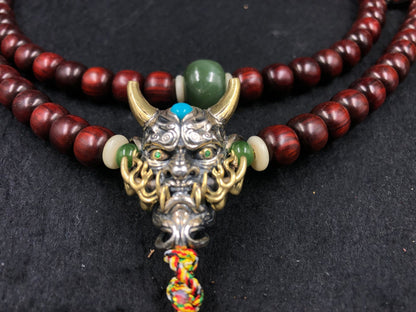 mala Hannya demon japonais, chapelet bouddhiste. 108 perles de santal rouge qualite de collection, argent 925, turquoise, grenat tsavorite - obsidian dragon