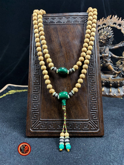 mala chapelet de méditation bouddhiste 108 perles santal rare et exceptionnel dit de "Laoshan", malachite, argent 925, os et corne de buffle - obsidian dragon