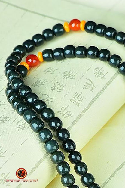 Mala, chapelet bouddhiste traditionnel zen. 108 perles de jade vert, cornaline. Prières et méditation - obsidian dragon