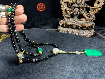 Mala, chapelet bouddhiste, tibetain. 108 perles d'obsidienne oeil celeste, malachite. Argent 925, cuivre plaqué or 18k, turquoise, agate. - obsidian dragon