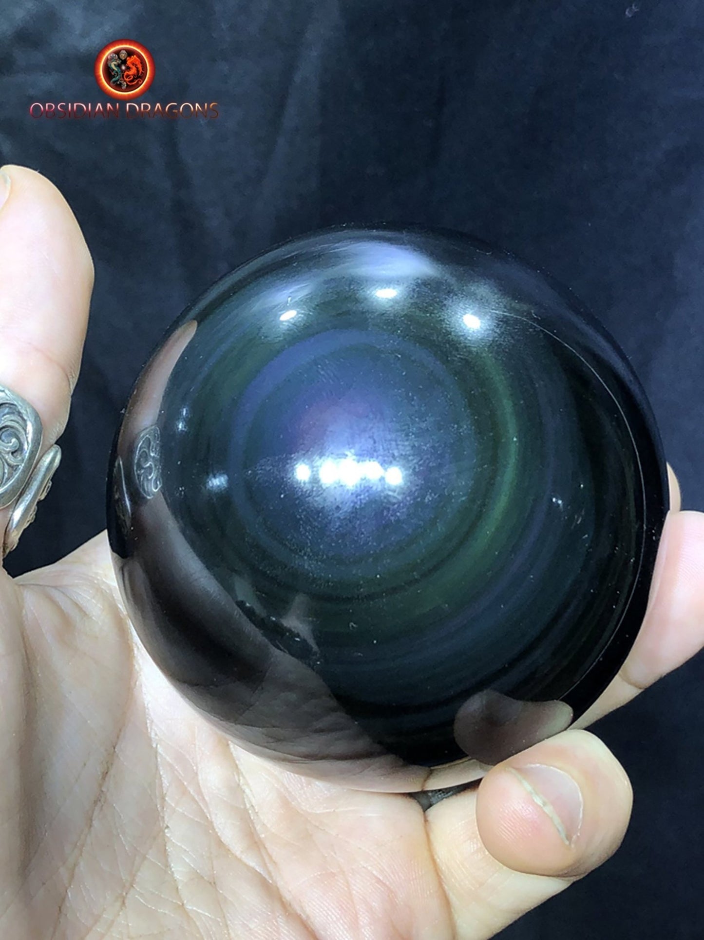 sphère en obsidienne oeil celeste de qualité A+. 0,563 kg 25,9cm de circonférence 8,24cm de diamètre - obsidian dragon