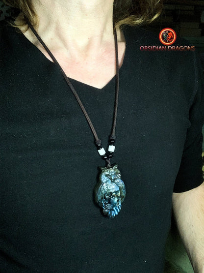 pendentif crâne et hibou en labradorite