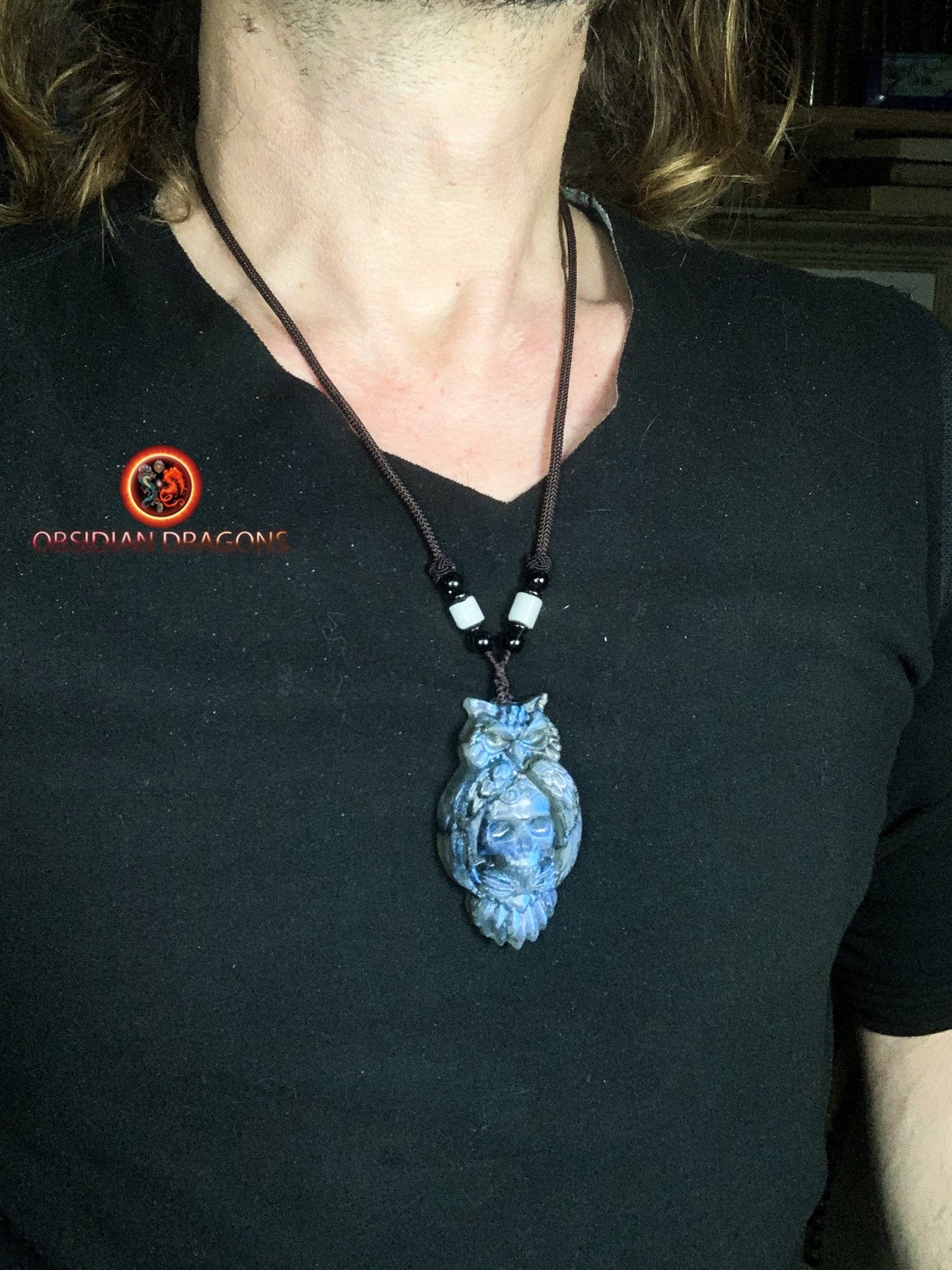 pendentif crâne et hibou en labradorite