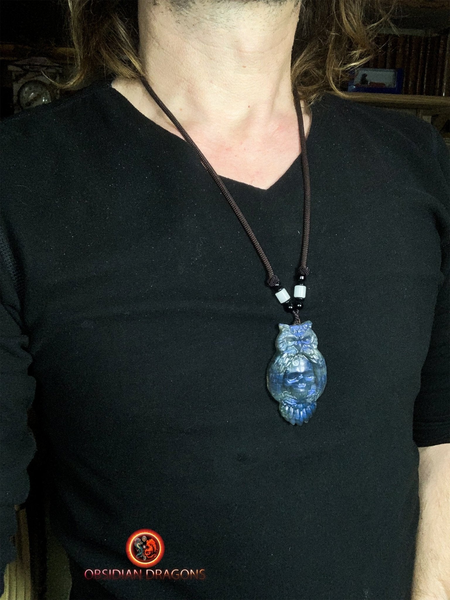 pendentif crâne et hibou en labradorite