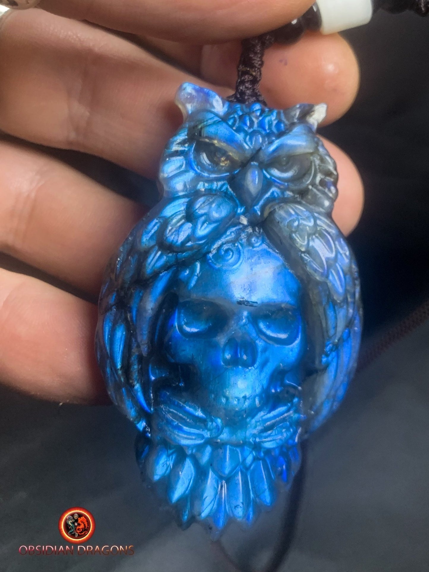 pendentif crâne et hibou en labradorite