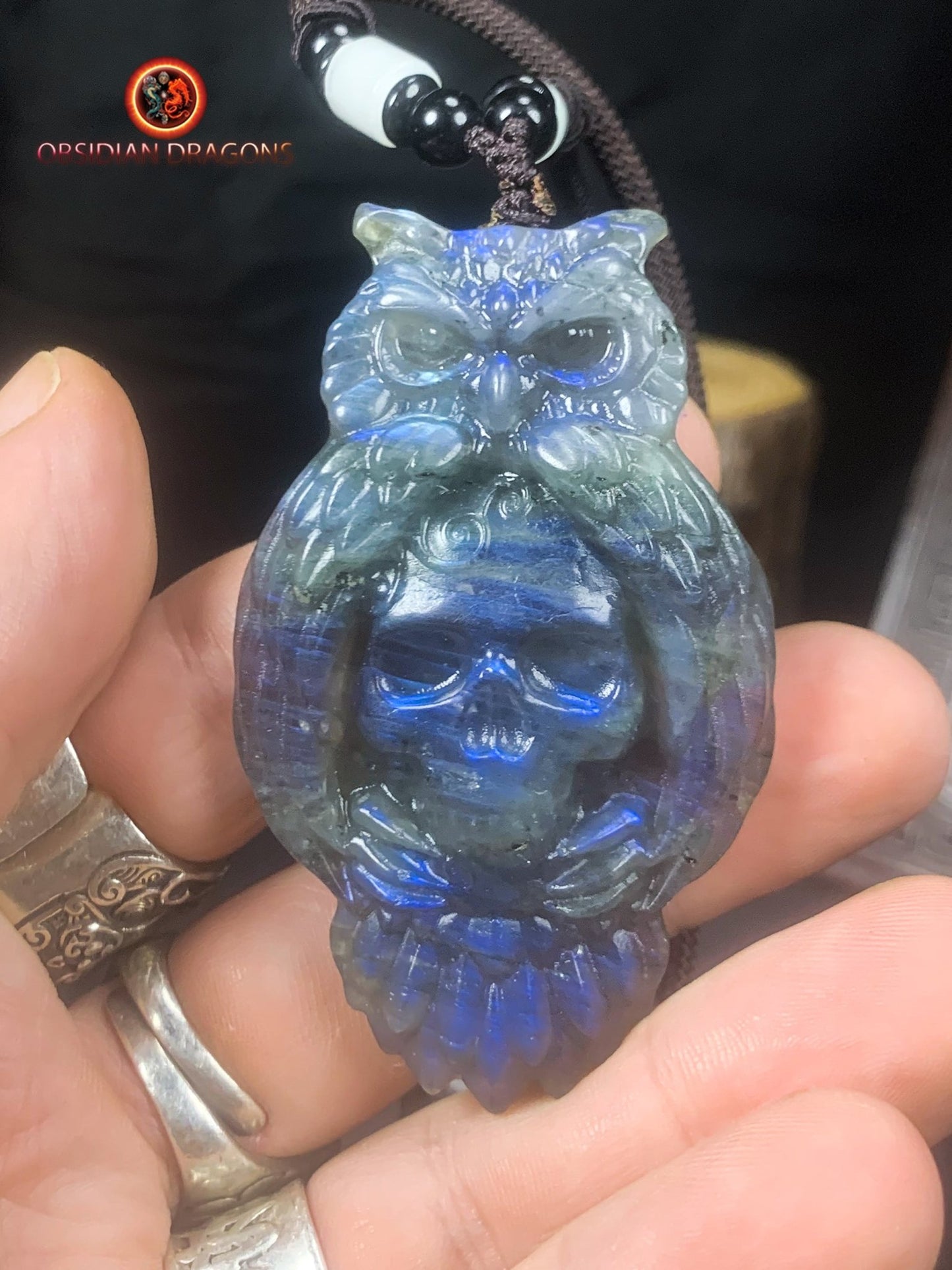 pendentif crâne et hibou en labradorite