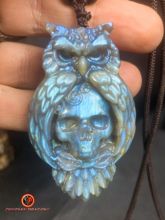 pendentif crâne et hibou en labradorite