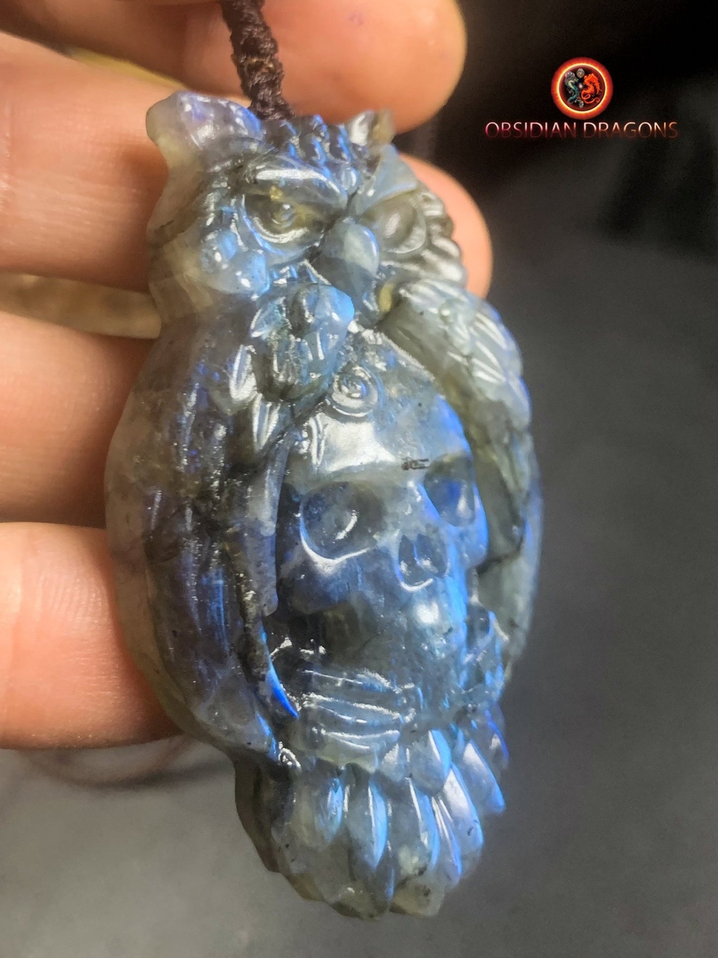 pendentif crâne et hibou en labradorite