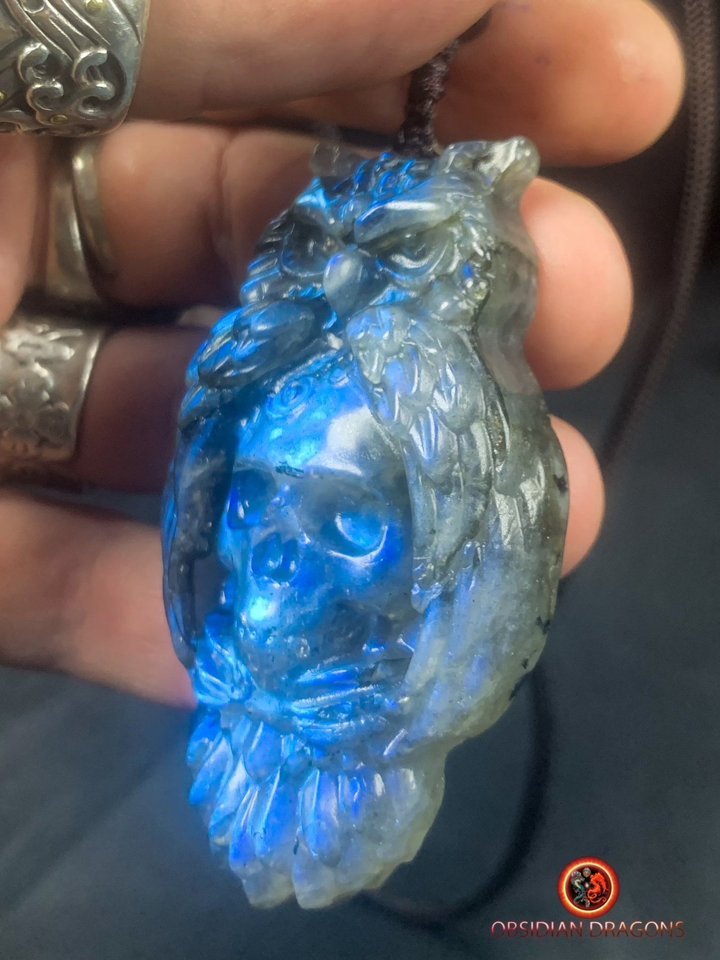 pendentif crâne et hibou en labradorite