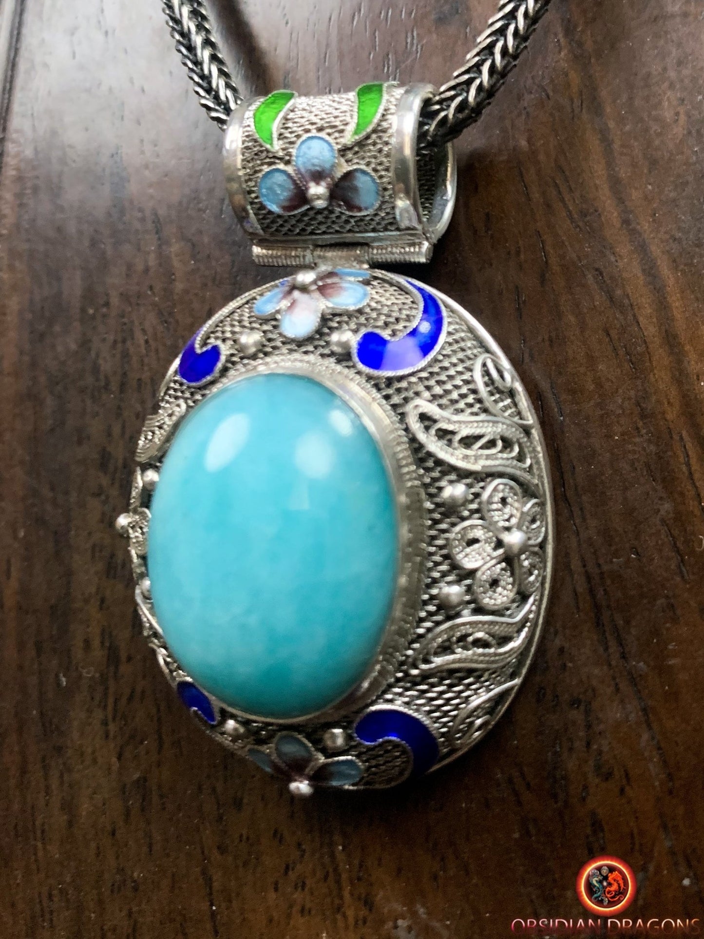 Pendentif en amazonite serti argent- Dynastie Qing | obsidian dragons