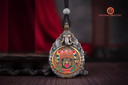 Pendentif thangka tibétain- Déité de la richesse Zakiram
