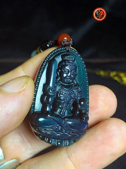 Pendentif, bouddha, Acala. Amulette bouddhiste en obsidienne oeil celeste. obsidienne oeil celeste naturelle du mexique. Cordon, jade. - obsidian dragon