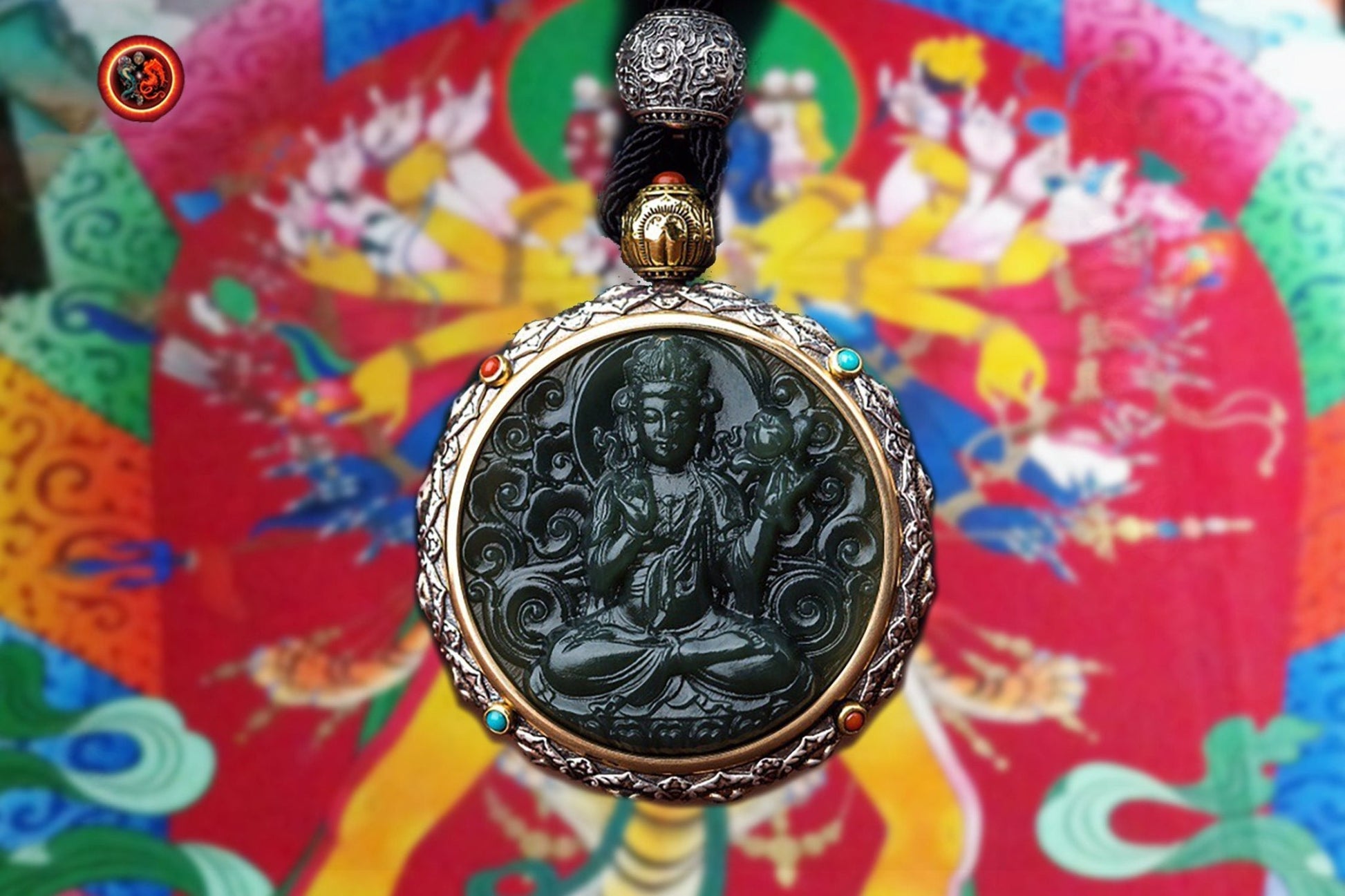 Pendentif bouddha en jade. Mahasthamaprapta. pendentif protection bouddhiste. argent 925. mantra de la compassion tournant - obsidian dragon