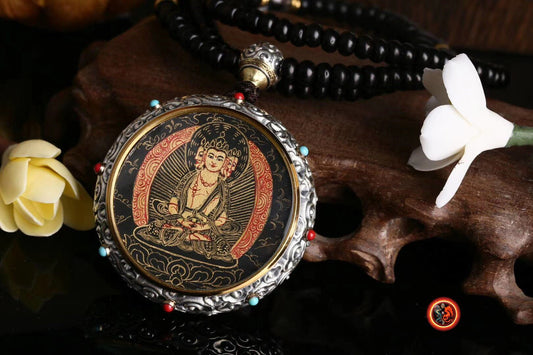 Pendentif Bouddha Vairocana .Amulette de protection bouddhiste tibétain avec tangka argent massif 925 - obsidian dragon