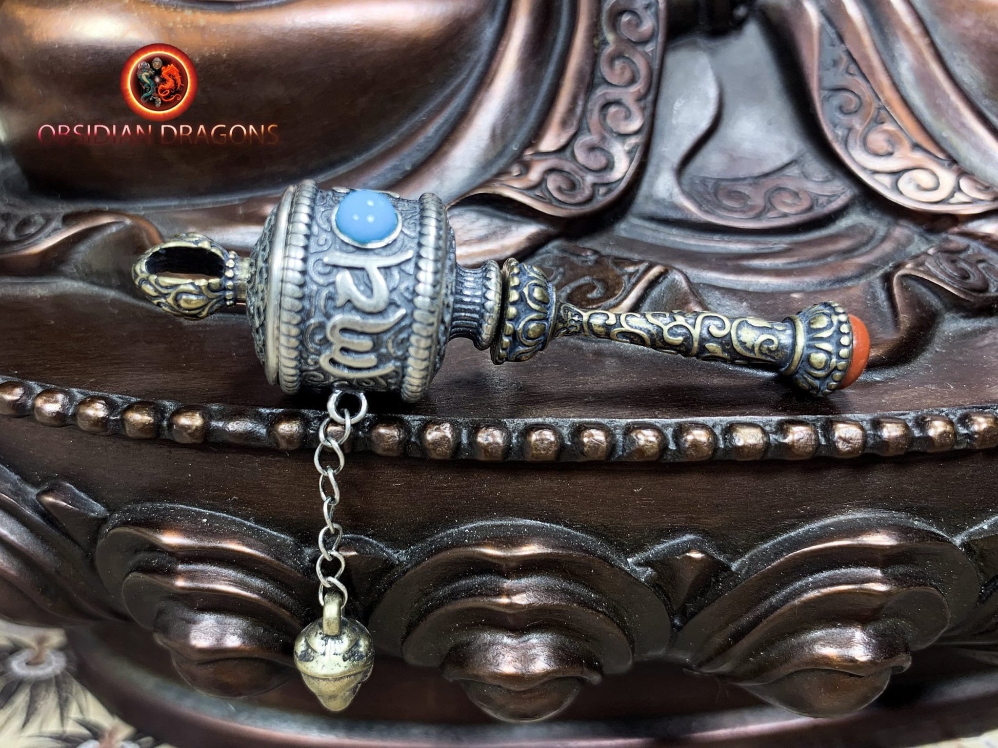Pendentif tibetain moulin a prière, bouddhisme tibetain vajrayana. Argent 925 poinçonné - obsidian dragon