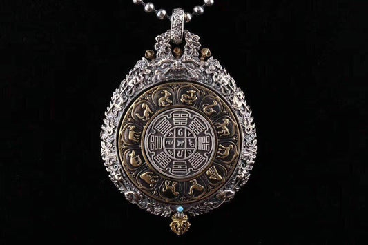 reliquaire de protection bouddhiste bouddha Vairocana en argent massif 925 plaqué or 18k turquoise. roue de la vie - obsidian dragon