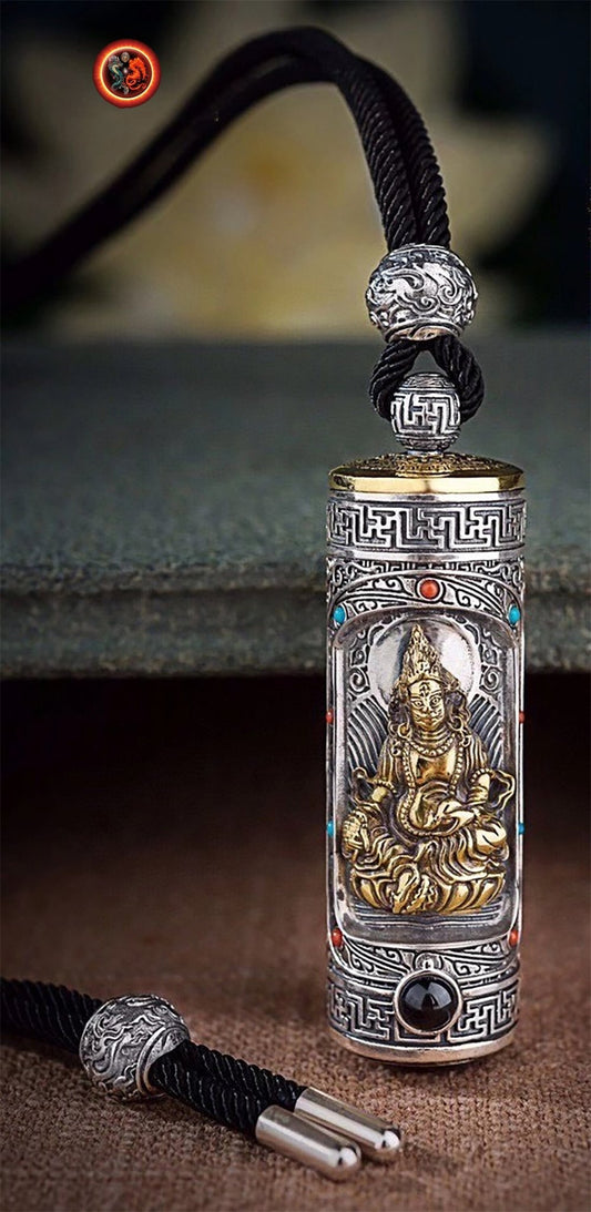 Pendentif Bouddha, amulette de protection bouddhiste, déité de la richesse Jambhala. amulette tournante, sutra du coeur à l'intérieur. - obsidian dragon