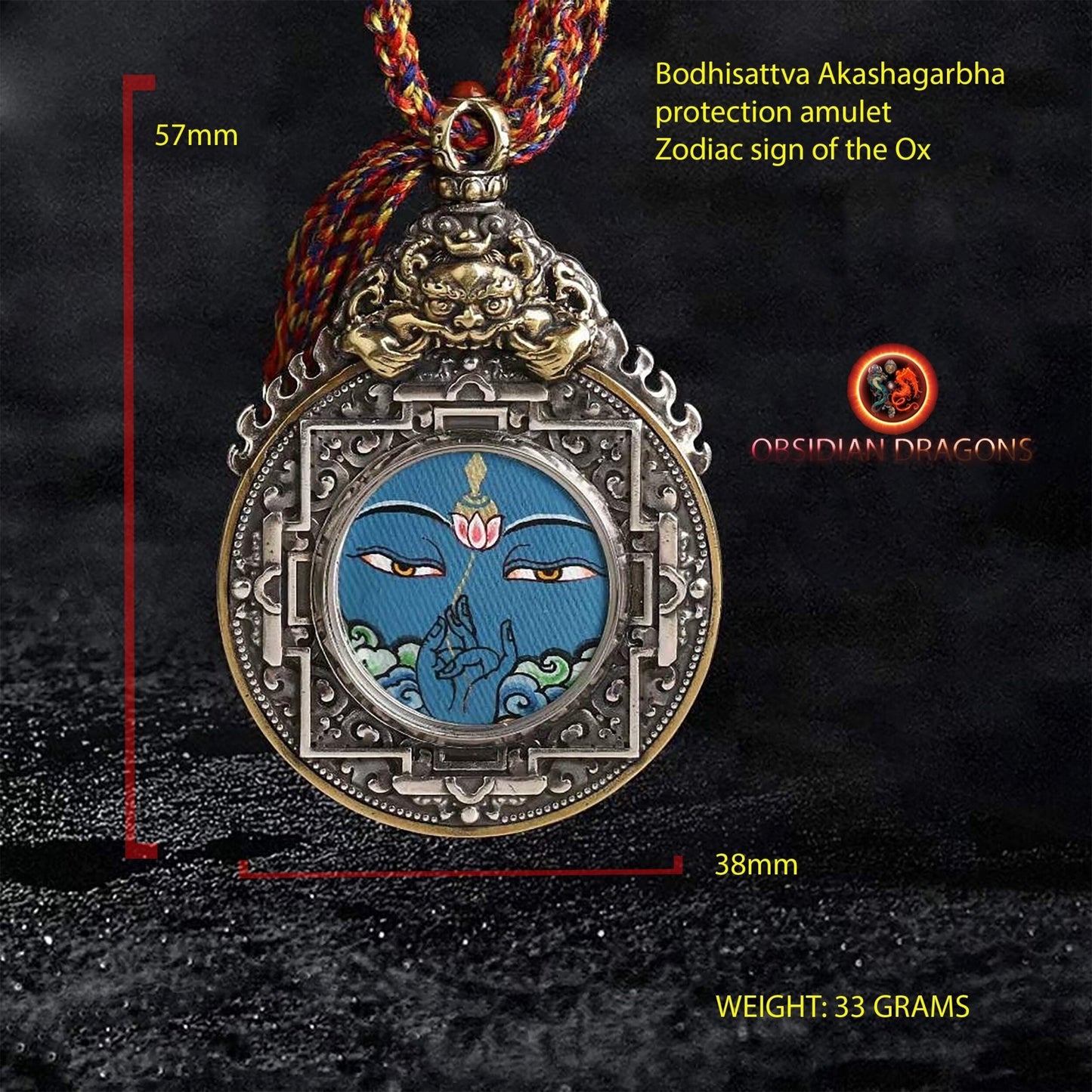 Ghau, amulette pendentif bouddhiste tibetain, bouddha protecteur en fonction de son signe zodiacal, au choix, buffle, cheval, coq ou chien - obsidian dragon
