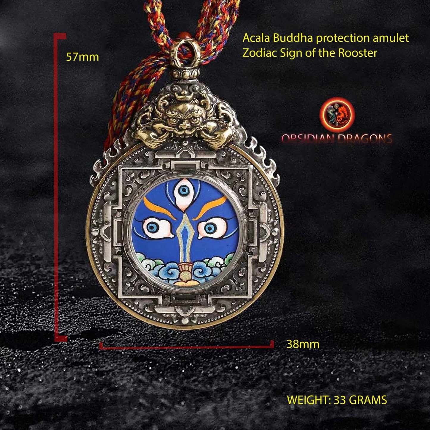 Ghau amulette pendentif bouddhiste tibetain, bouddha protecteur en fonction de son signe zodiacal au choix coq mouton singe buffle ou chien - obsidian dragon