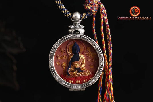 Pendentif bouddha tibétain, amulette tibétaine, tsa tsa en argile authentique dans son reliquaire en argent 925. bouddha medecine Sangyé Menla - obsidian dragon
