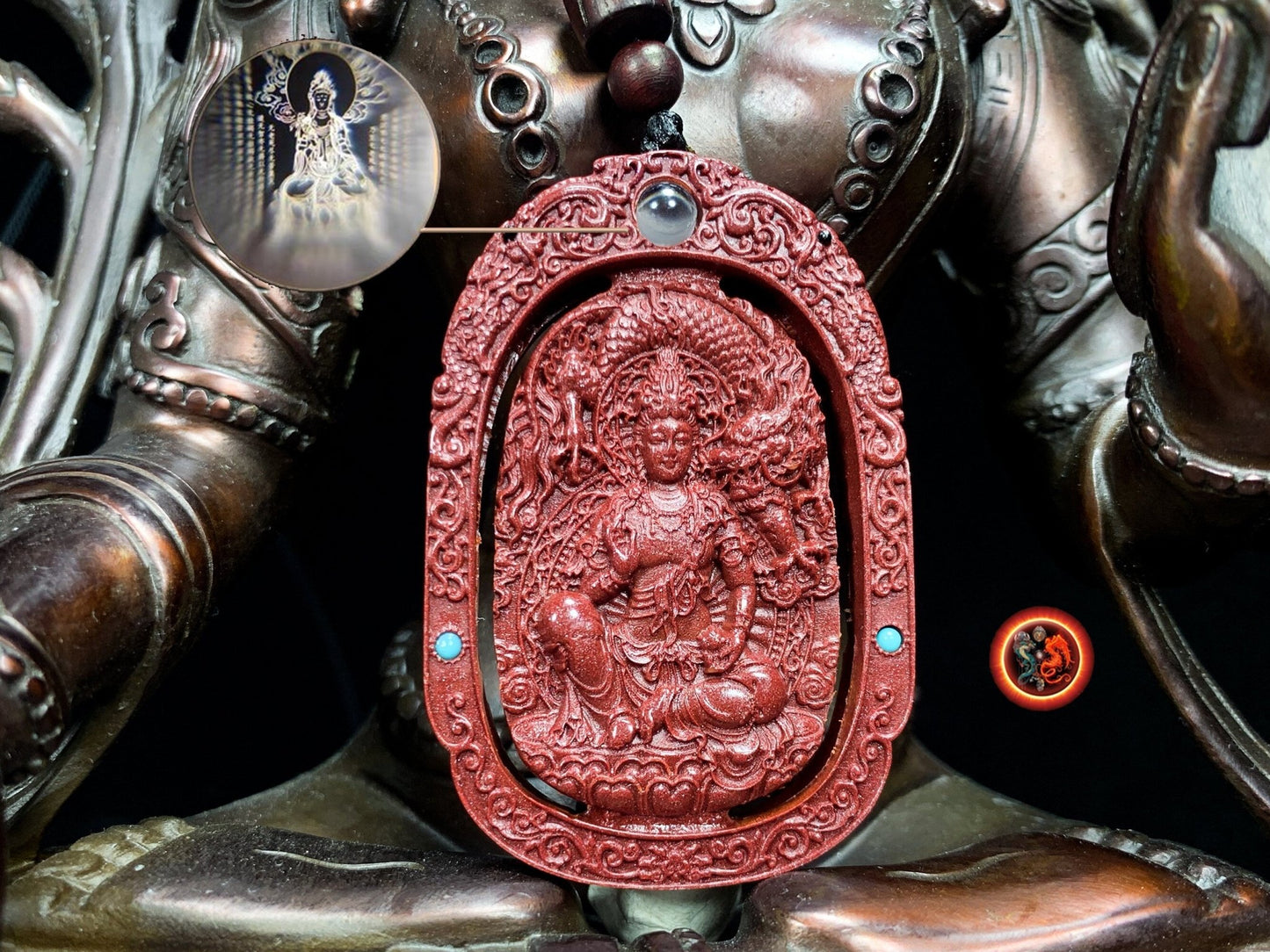 Pendentif, amulette bouddhiste tibétaine, bouddha. Samantabhadra. Cinabre. sutra du coeur en nanoscript. Protection bouddhiste. Avec cordon - obsidian dragon