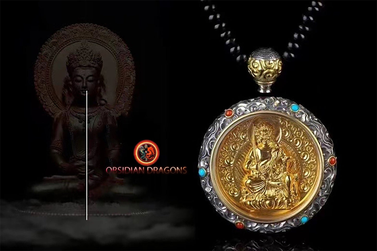 pendentif bouddha, ghau, gau amulette bouddha Acala bouddhisme vajrayana tibetain. Argent 925, plaqué or 24k, deux tailles disponibles - obsidian dragon