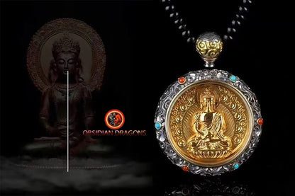 pendentif bouddha, ghau, gau amulette bouddha Amitabha bouddhisme vajrayana tibetain. Argent 925, plaqué or 24k, deux tailles disponibles - obsidian dragon