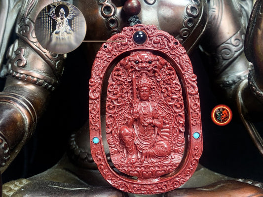 Pendentif, amulette bouddhiste tibétaine, bouddha. Manjushri. Cinabre. sutra du coeur en nanoscript. Protection bouddhiste. Avec cordon - obsidian dragon