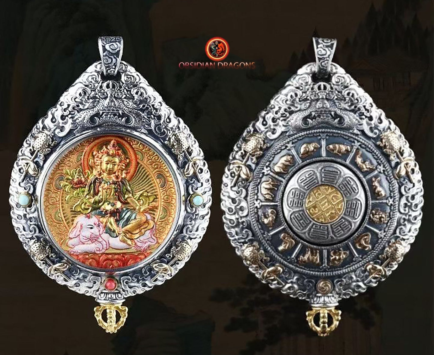 pendentif bouddha. protection de  Samantabhadra bodhisattva. Authentique ghau avec tangka peint sur or. Amulette bouddhiste vajrayana - obsidian dragon