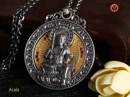Pendentif, amulette de protection bouddhiste, bouddha Acala. roue tournante au dos du bouddha, mantra tibétain au verso de l'amulette. - obsidian dragon