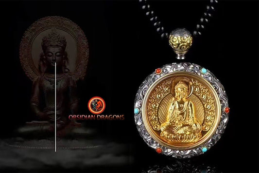 ghau, gau amulette bouddha Vairocana bouddhisme vajrayana tibetain. Argent 925, plaqué or 24K, deux tailles disponibles - obsidian dragon