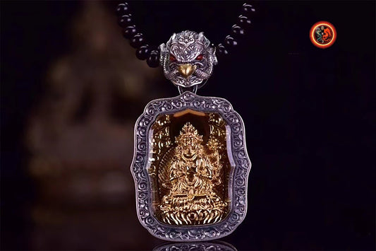 pendentif amulette de protection bouddhiste Bouddha Samantabhadra mala de prière et méditation 108 perles, argent 925 or 18K bélière Garuda - obsidian dragon