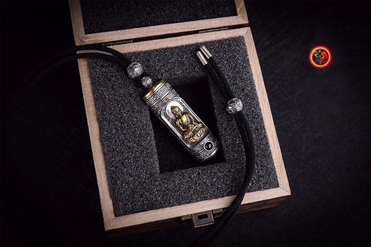 Pendentif Bouddha, amulette de protection bouddhiste, bouddha Amitabha. amulette tournante, sutra du coeur à l'intérieur. - obsidian dragon