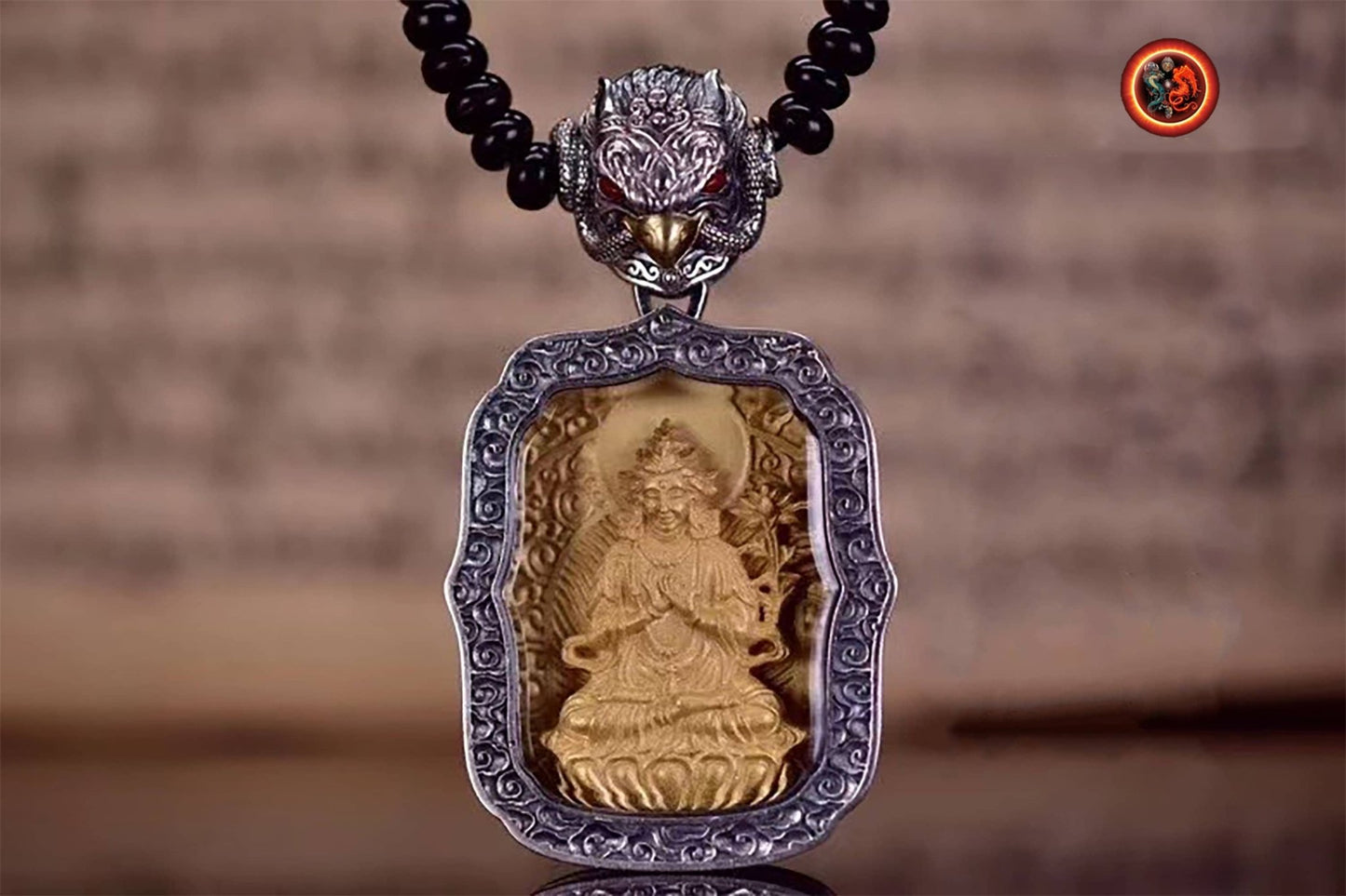 pendentif amulette de protection bouddhiste Bouddha Samantabhadra mala de prière et méditation 108 perles, argent 925 or 18K bélière Garuda - obsidian dragon