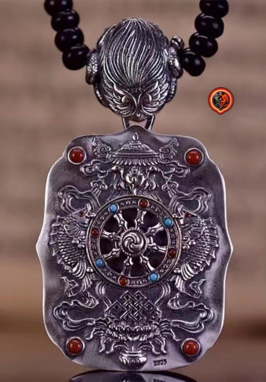 pendentif amulette de protection bouddhiste Bouddha Chenrezi mala de prière et méditation 108 perles, argent 925 or 18K bélière Garuda - obsidian dragon