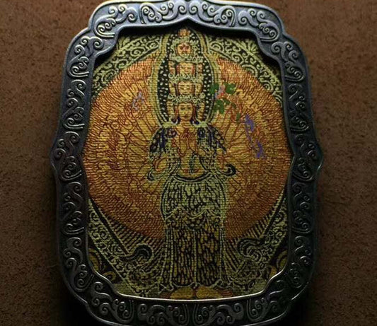 pendentif bouddha guan yin, chenrezig, amulette de protection tibétaine en argent massif 925, Tangka traditionnel - obsidian dragon