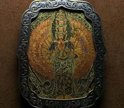 pendentif bouddha guan yin, chenrezig, amulette de protection tibétaine  en argent massif 925, Tangka traditionnel - obsidian dragon