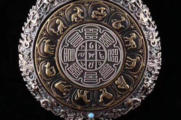 reliquaire de protection bouddhiste Manjushri en argent massif 925 plaqué or 18k turquoise. roue de la vie - obsidian dragon