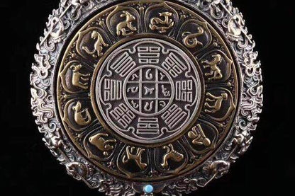 reliquaire de protection bouddhiste Manjushri en argent massif 925 plaqué or 18k turquoise. roue de la vie - obsidian dragon