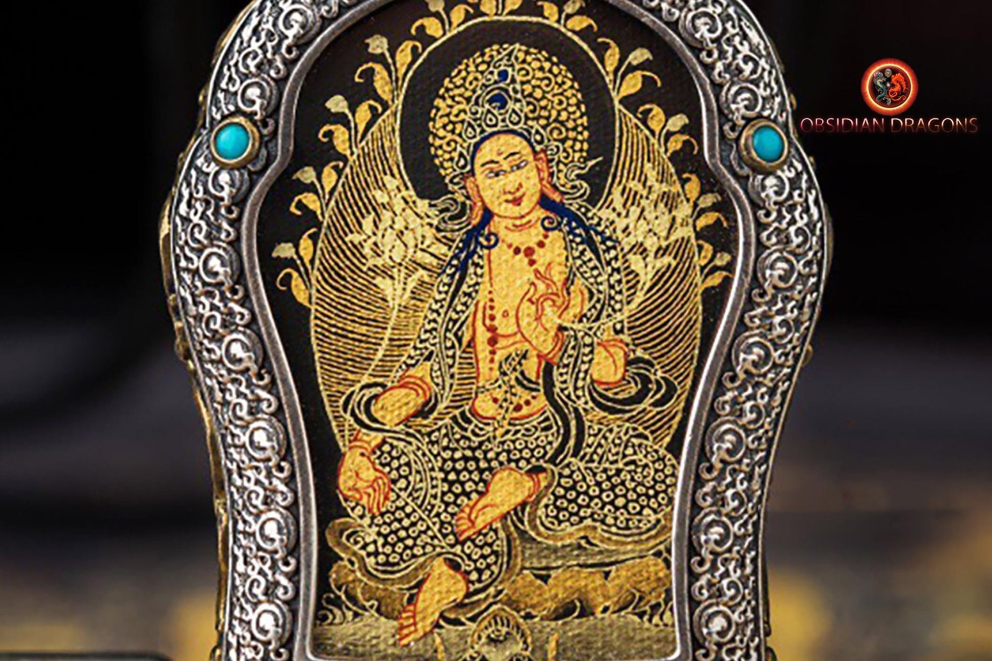 Pendentif Bouddha. Tara verte. Ghau, amulette de protection tibétaine. Véritable tangka artisanal - obsidian dragon