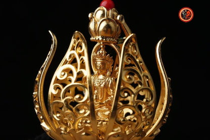 pendentif bouddha ,Amulette. Guan Yin, Chenrezi dans un Lotus à 6 pétales. laiton, plaqué or 24k pendentif ouvrant grâce a un bouton - obsidian dragon