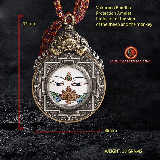 Ghau amulette pendentif bouddhiste tibetain, bouddha protecteur en fonction de son signe zodiacal au choix coq mouton singe buffle ou chien - obsidian dragon