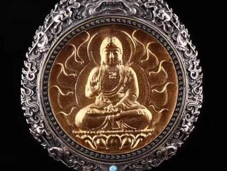 reliquaire de protection bouddhiste Amitabha en argent massif 925 plaqué or 18k turquoise. roue de la vie - obsidian dragon