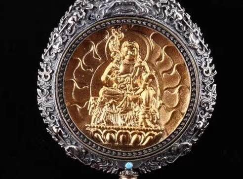 reliquaire de protection bouddhiste Acala en argent massif 925 plaqué or 18k turquoise. roue de la vie - obsidian dragon