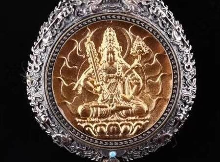 reliquaire de protection bouddhiste Akashagarbha en argent massif 925 plaqué or 18k turquoise - obsidian dragon