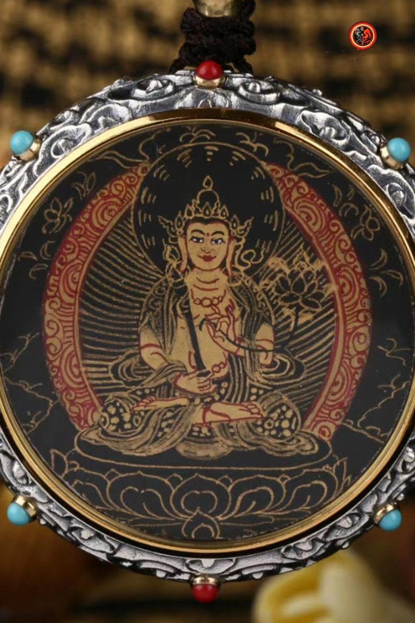 Pendentif bouddha Akashagarbha. Amulette de protection bouddhiste tibétain Tangka. argent massif 925. - obsidian dragon