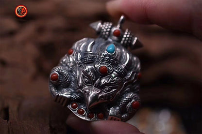 Gau, reliquaire, pendentif de protection bouddhiste, Garuda, argent 925, turquoise, agate nan hong, argent brillant ou vieilli. - obsidian dragon