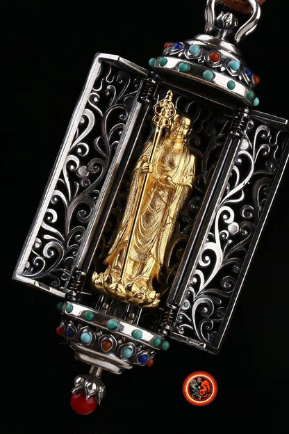 Pendentif autel bouddhiste portatif, Ghau. Dizang/ Jizo. Argent 925 plaqué or 24K. Turquoise d'Arizona, agate dite nan hong, - obsidian dragon